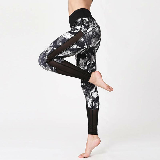 Buddha Stones White Black Ink Brush Lines Print Sports Fitness Mesh Leggings Women's Yoga Pants Women's Leggings BS 3