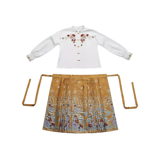 Buddha Stones Golden Flower Phoenix Embroidery Long Sleeve Shirt Top Chinese Hanfu Ming Dynasty Horse Face Skirt Mamianqun Skirt 18