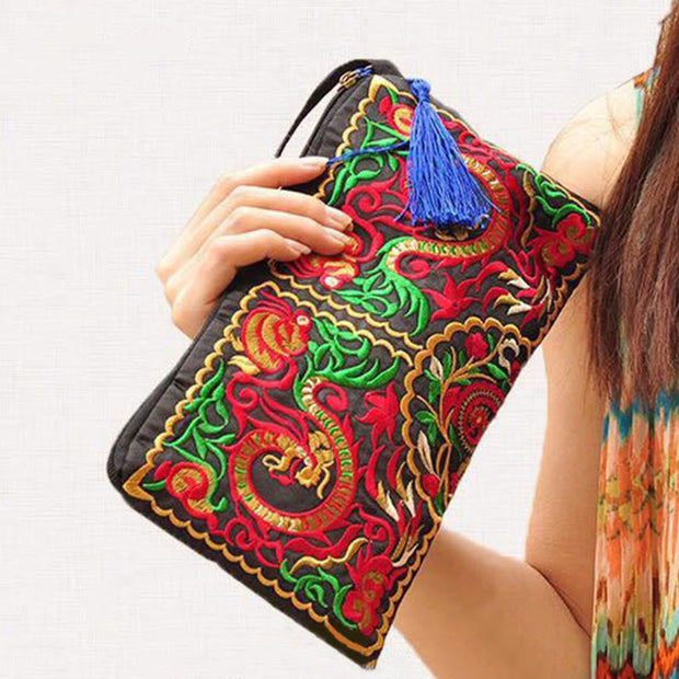 Buddha Stones Dragon Butterfly Cosmos Flower Embroidery Wallet Shopping Purse Purse BS 3