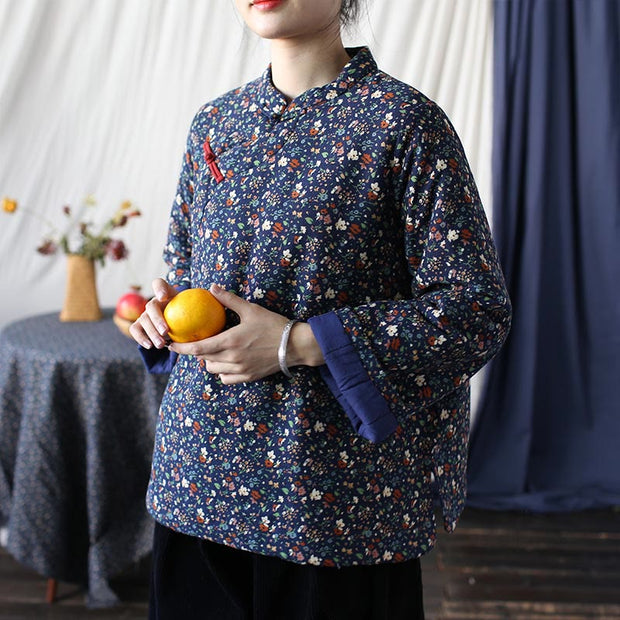 Buddha Stones Flowers Cotton Linen Jacket Shirt Chinese Northeast Style Winter Clothing 61