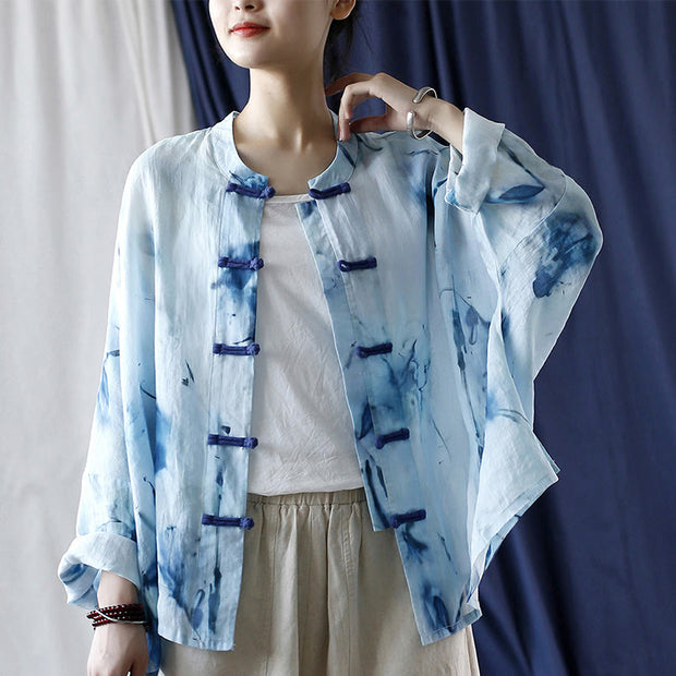 Buddha Stones Tie Dye Blue Flowers Frog-Button Design Long Sleeve Ramie Linen Jacket Shirt 19