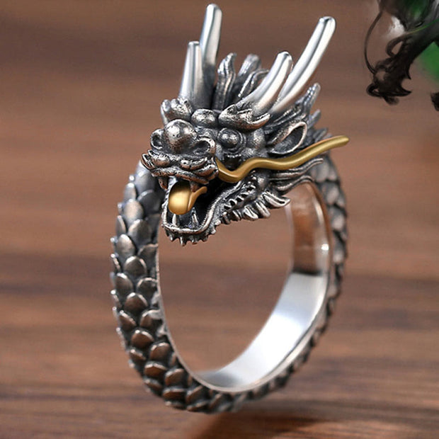 Buddha Stones 925 Sterling Silver Vintage Dragon Design Protection Strength Adjustable Ring