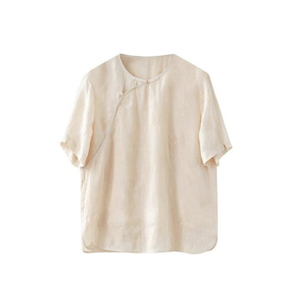 Buddha Stones Ramie Linen Loose Blouse Short Sleeve Shirt Chinese Style Top