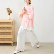 Buddha Stones 2Pcs Simple Chinese Frog Button Design Top Pants Meditation Yoga Zen Tai Chi Cotton Clothing Women's Set Clothes BS 4