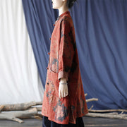 Buddha Stones Orange Peony Flower Cotton Linen Frog-Button Open Front Jacket With Pockets 5
