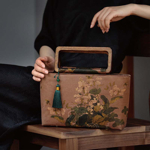 Buddha Stones Vintage Brown Flowers Green Bamboo Leaves Wood Handles Zipper Handbag Handbags BS 11