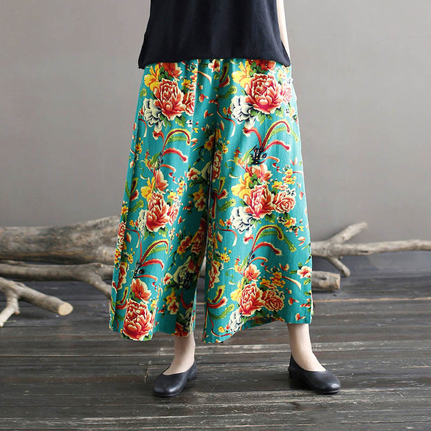 Buddha Stones Red Peony Flowers Cotton Linen Wide Leg Pants With Pockets Women's Wide Leg Pants BS 12
