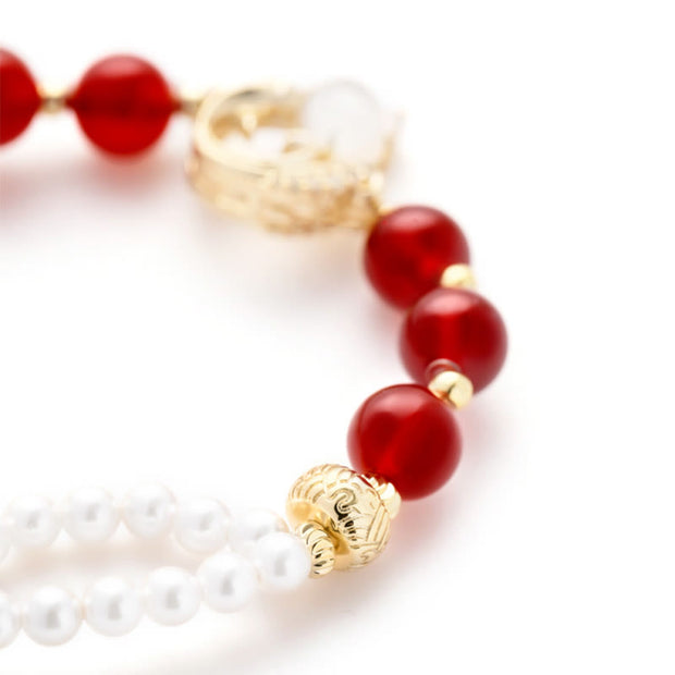 Buddha Stones 18K Gold Plated Copper Natural Red Agate Pearl Koi Fish Confidence Bracelet Necklace Pendant Earrings Set