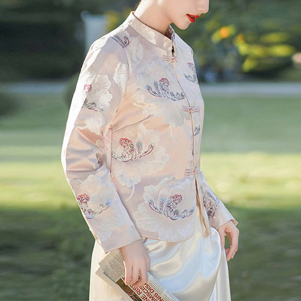 Buddha Stones Peony Flowers Print Frog-Button Tang Suit Design Long Sleeve Jacket