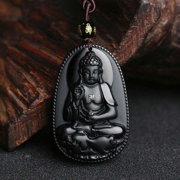 Buddha Stones Chinese Zodiac Natal Buddha Natural Black Obsidian Purification Necklace Pendant Necklaces & Pendants BS 2