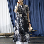 Buddha Stones Ramie Linen Blue Flowers Leaves Cheongsam Dresses Short Sleeve Dress 16