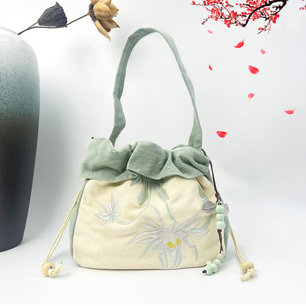 Buddha Stones Suzhou Embroidery Lotus Epiphyllum Magnolia Cotton Linen Tote Crossbody Bag Shoulder Bag Handbag 9