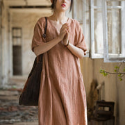 Buddha Stones Handmade Tie Dye V-Neck Midi Dress Linen Short Sleeve Dress 11