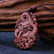 Buddha Stones Lightning Struck Jujube Wood Double Dragon Relief Ward Off Evil Spirits Necklace Pendant Necklaces & Pendants BS 5