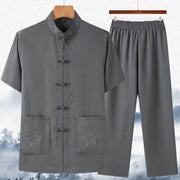Buddha Stones Good Luck Character Tang Suit Hanfu Traditional Uniform Short Sleeve Top Pants Clothing Men's Set 3