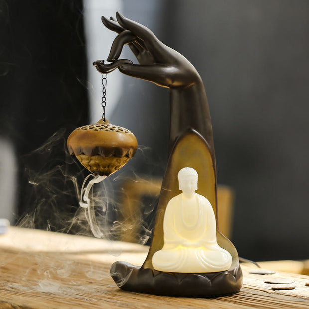 Buddha Stones Led Buddha Hand Backflow Smoke Fountain Healing Ceramic Stick Incense Burner Decoration