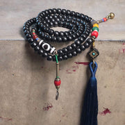 Buddha Stones 108 Beads Mala Ebony Wood Dzi Bead Copper Balance Tassel Bracelet Mala Bracelet BS 7