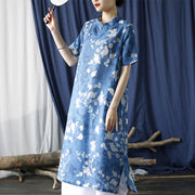 Buddha Stones Ramie Linen Blue White Flowers Branches Cheongsam Dresses Short Sleeve Dress 5