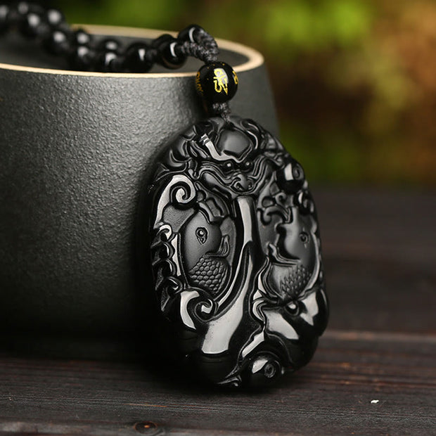 FREE Today: Bring Good Fortune Black Obsidian Koi Fish Bead Rope Fulfilment Luck Necklace Pendant