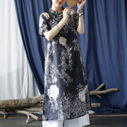 Buddha Stones Ramie Linen Blue Flowers Leaves Cheongsam Dresses Short Sleeve Dress 19