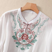 Buddha Stones Flower Embroidery Frog-Button Short Sleeve Cotton Linen Shirt T-shirt Tee