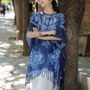 Buddha Stones Blue Butterfly Indigo Dyeing Shawl Tassels Cozy Travel Pullover 90*95cm 3