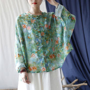Buddha Stones Pink Flowers Green Leaves Print Frog-button Design Long Sleeve Ramie Linen Jacket Shirt