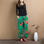 Buddha Stones Ethnic Style Red Green Flowers Print Harem Pants With Pockets Women's Harem Pants BS 15