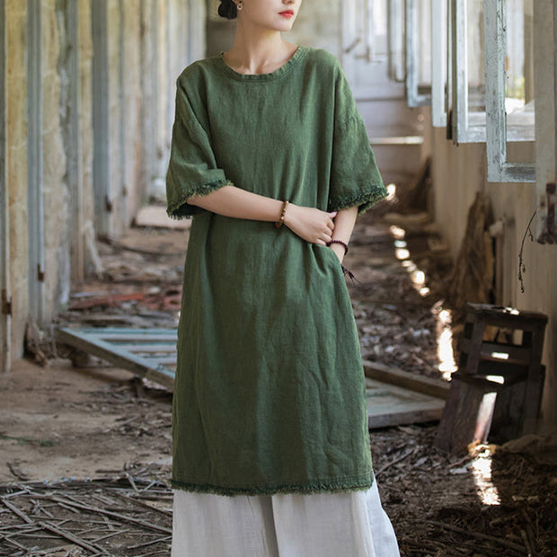 Buddha Stones Mid Length Dress Ramie Linen Half Sleeve Split Hem Top T-Shirt 10