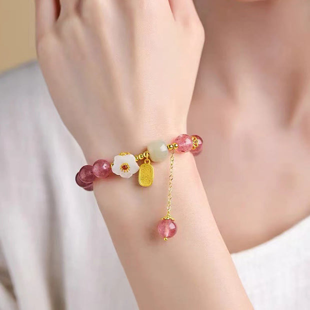 Buddha Stones Strawberry Quartz Fu Character Pink Crystal Healing Bracelet Bracelet BS 3