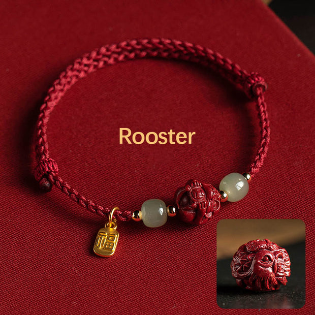 Buddha Stones Natural Cinnabar Chinese Zodiac Hetian Jade Fu Character Luck Rope Bracelet - Rooster(Wrist Circumference 14-18cm) - image 17