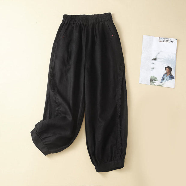 Buddha Stones Solid Color Loose Fungus Hem Harem Pants With Pockets Harem Pants BS Black 2XL(Waist 76-116cm/Hips 125cm/Length 88cm)