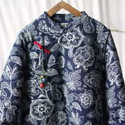 Buddha Stones Flowers Cotton Linen Jacket Shirt Chinese Northeast Style Winter Clothing