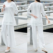 Buddha Stones 2Pcs Simple Design White Top Pants Meditation Yoga Zen Tai Chi Cotton Linen Clothing Women's Set Clothes BS 3