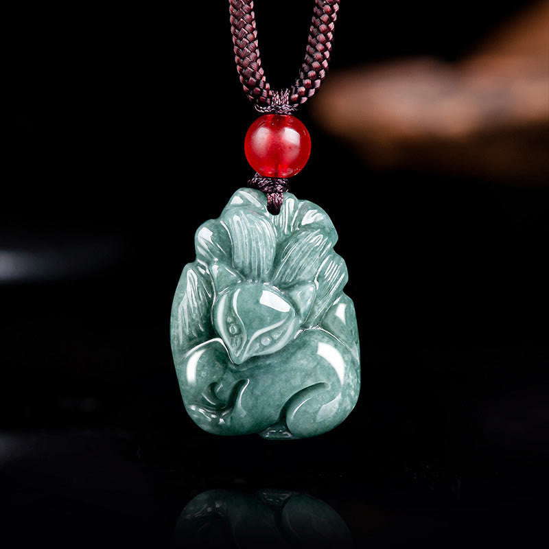 Buddha Stones Natural Green Jade Nine Tailed Fox Engraved