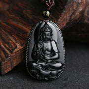 Buddha Stones Chinese Zodiac Natal Buddha Natural Black Obsidian Purification Necklace Pendant Necklaces & Pendants BS Dog-Amitabha Buddha