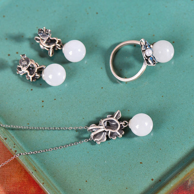 Buddha Stones White Jade 925 Sterling Silver Pearl Flower Blessing Necklace Pendant Ring Earrings Bracelet Necklaces & Pendants BS 25