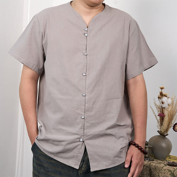 Buddha Stones Men's Short Sleeve Button Down Cotton Linen Shirt Men's Shirts BS Gainsboro 3XL(Fit for US/UK/AU44; EU54)