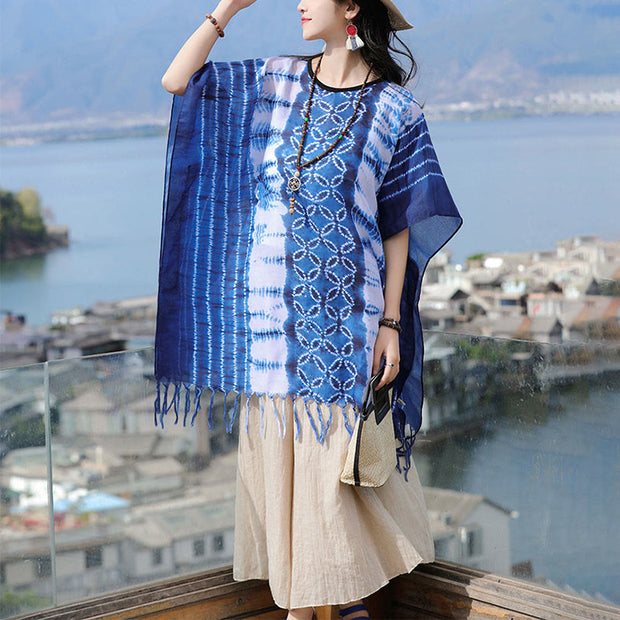 Buddha Stones Blue White Striped Indigo Dyeing Shawl Tassels Cozy Pullover 90*95cm 13