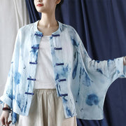 Buddha Stones Tie Dye Blue Flowers Frog-Button Design Long Sleeve Ramie Linen Jacket Shirt 12