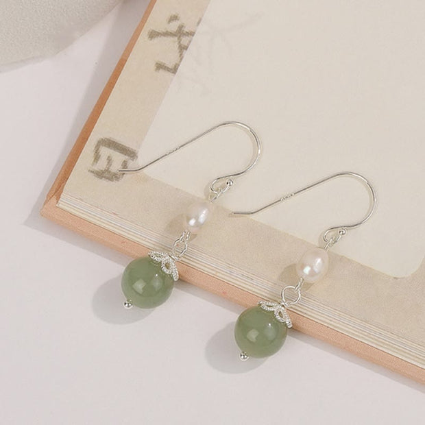 Buddha Stones 925 Sterling Silver Natural Pearl Jade Wisdom Earrings Earrings BS Silver Pearl Jade Earrings