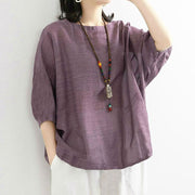 Buddha Stones Casual Plain Color Three Quarter Sleeve Cotton Linen T-shirt Tee