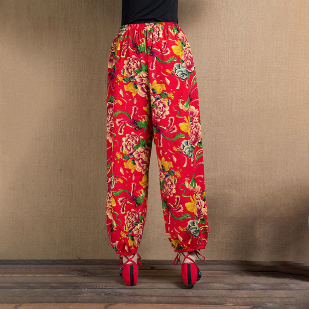 Buddha Stones Ethnic Style Red Green Flowers Print Harem Pants With Pockets