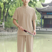 Buddha Stones 2Pcs Men's Short Sleeve Shirt Top T-Shirt Pants Meditation Zen Tai Chi Cotton Linen Clothing Set