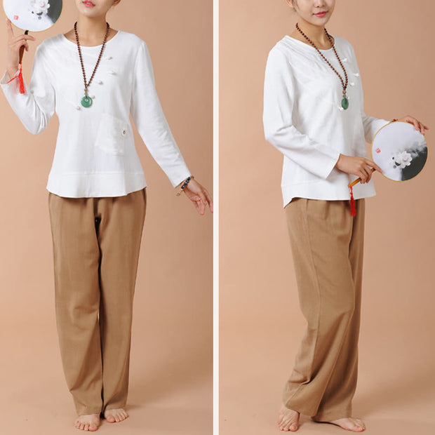 Buddha Stones 2Pcs Long Sleeve T-Shirt Tee Pants Meditation Zen Tai Chi Linen Clothing Women's Set Women's Meditation Cloth BS 7