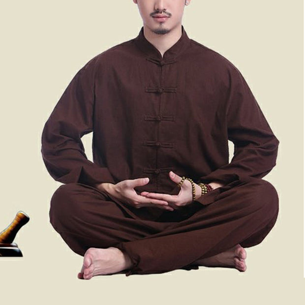 Buddha Stones Chinese Frog Button Design Meditation Prayer Cotton Linen Spiritual Zen Practice Yoga Clothing Men's Set Clothes BS 14