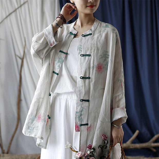 Buddha Stones White Red Flowers Green Leaves Frog-Button Long Sleeve Ramie Linen Jacket Shirt