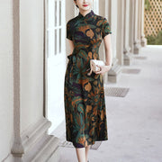 Buddha Stones Silk Qipao Dress Retro Flower Leaf Pattern Women's Cheongsam Dress