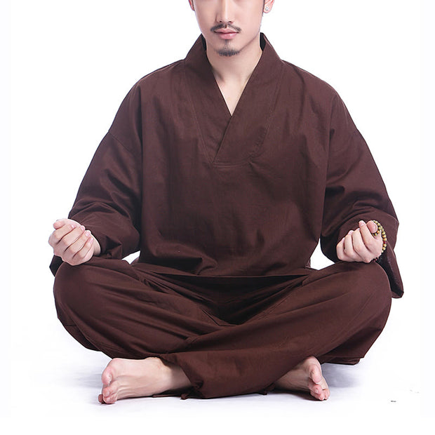 Buddha Stones Meditation Prayer V-neck Design Cotton Linen Spiritual Zen Practice Yoga Clothing Men's Set Clothes BS Brown XXXL