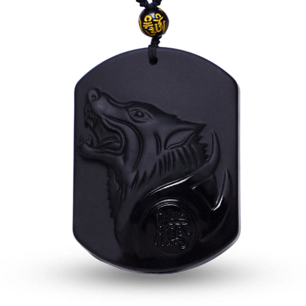 Buddha Stones Black Obsidian Stone Wolf Purification Pendant Necklace